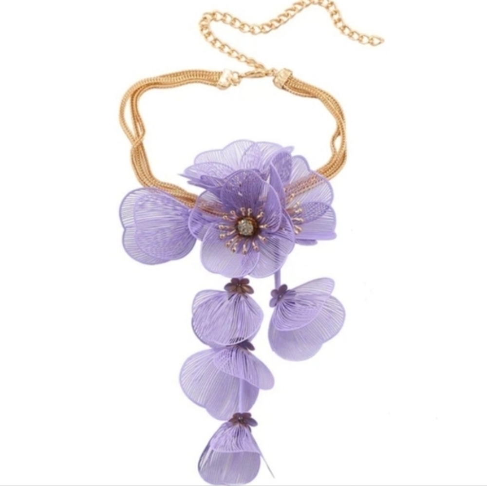New ZARA Cascading Purple Flowers Floral Statement Necklace Trending | NWOT